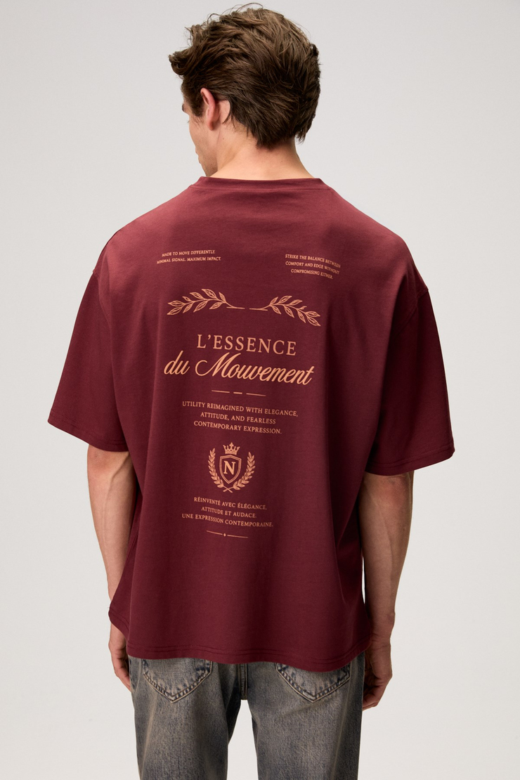 KYREN Erkek Organik Pamuklu Önü Ve Arkası Baskılı Yuvarlak Yaka Bordo T-Shirt
