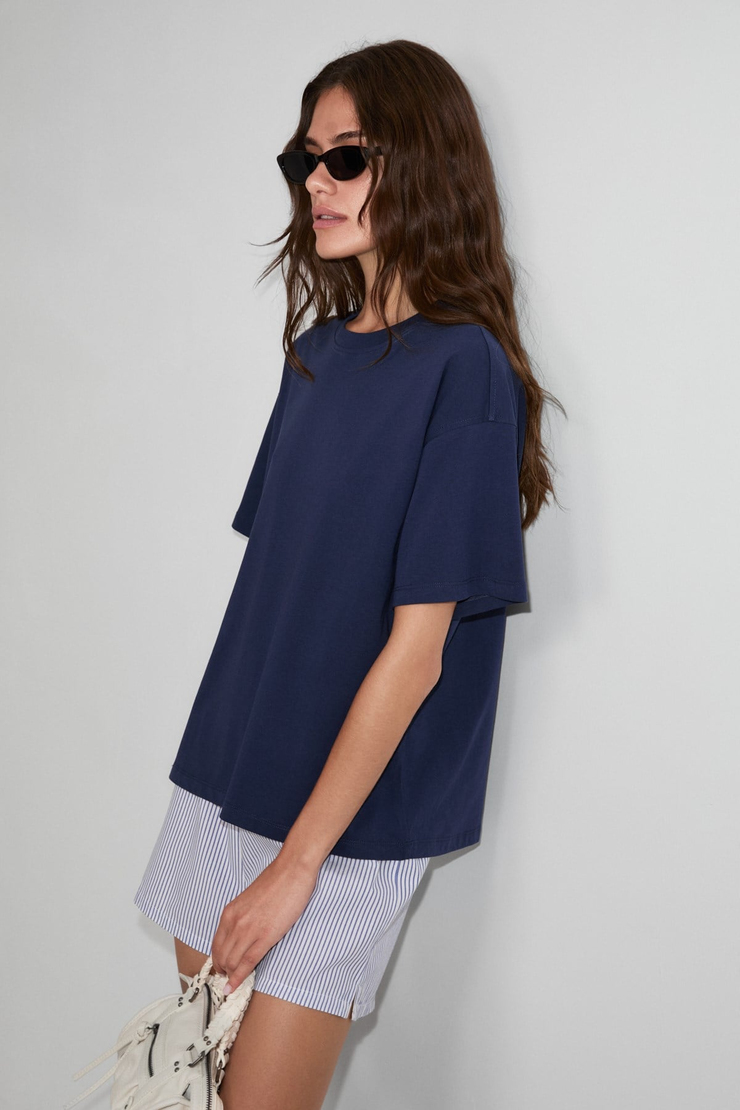 LAGERTHA Kadın %100 organik Pamuklu Kalın Dokulu Oversize Fit Yuvarlak Yakalı Lacivert T-Shirt