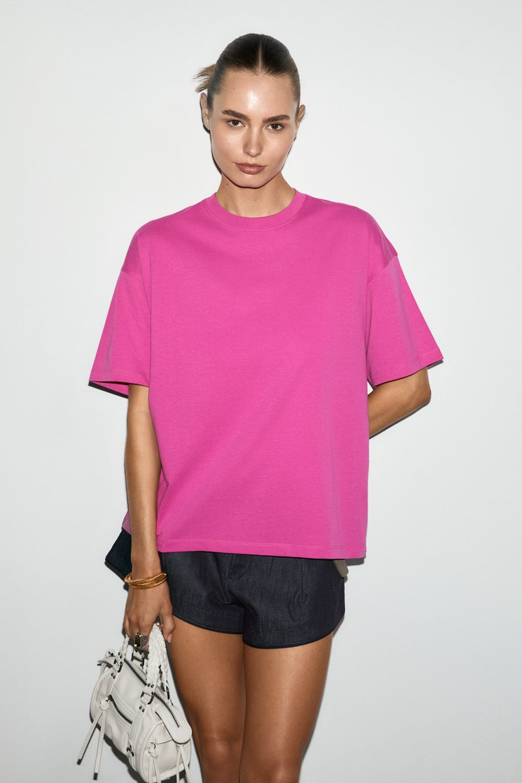 LAGERTHA Kadın %100 organik Pamuklu Kalın Dokulu Oversize Fit Yuvarlak Yakalı Fuşya T-Shirt