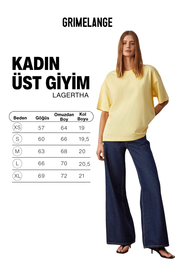 LAGERTHA Kadın %100 organik Pamuklu Kalın Dokulu Oversize Fit Yuvarlak Yakalı Sarı T-Shirt