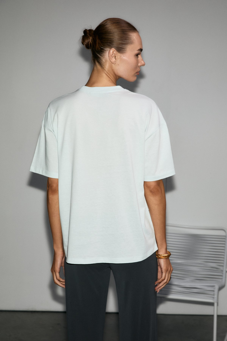 LAGERTHA Kadın %100 organik Pamuklu Kalın Dokulu Oversize Fit Yuvarlak Yakalı Açık Mavi T-Shirt
