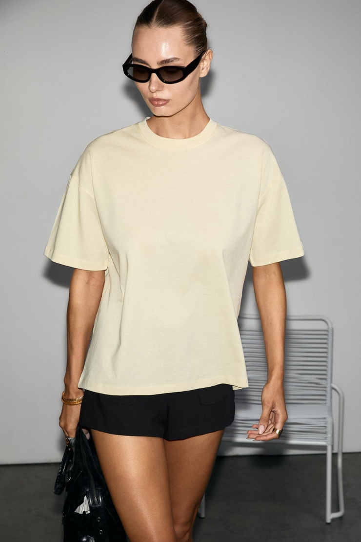 LAGERTHA Kadın %100 organik Pamuklu Kalın Dokulu Oversize Fit Yuvarlak Yakalı Açık Sarı T-Shirt