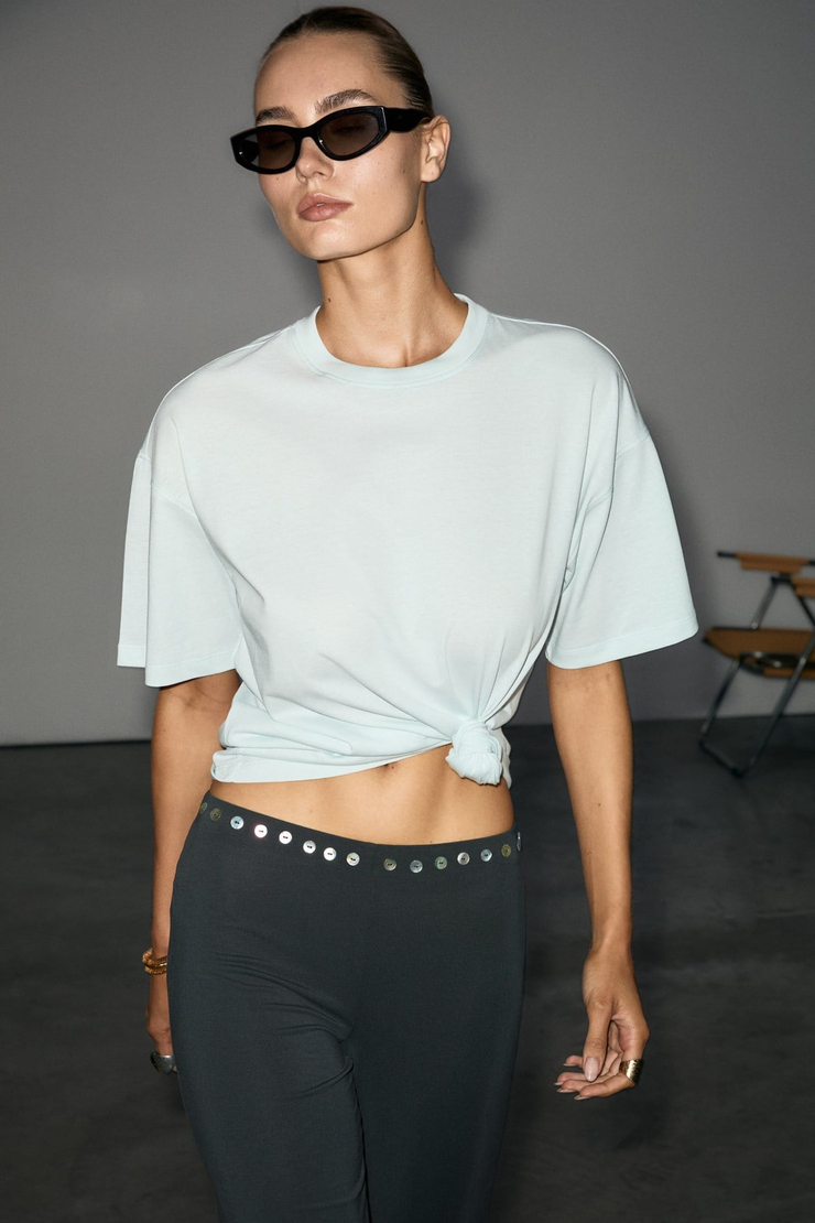 LAGERTHA Kadın %100 organik Pamuklu Kalın Dokulu Oversize Fit Yuvarlak Yakalı Açık Mavi T-Shirt