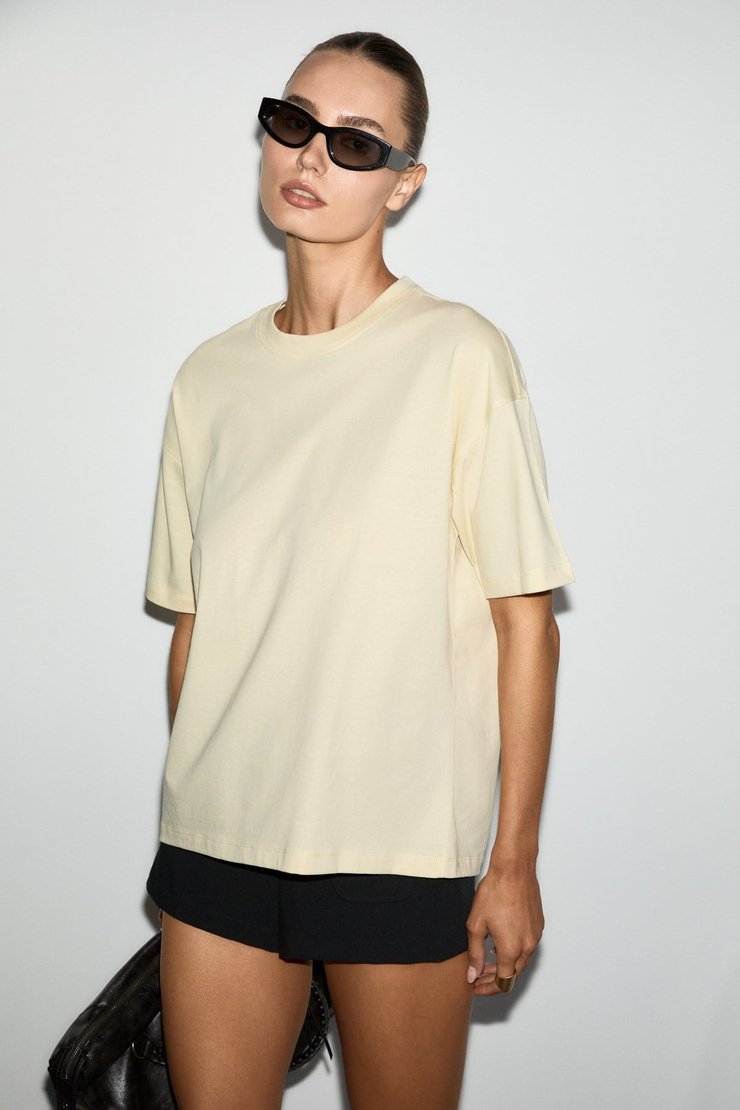 LAGERTHA Kadın %100 organik Pamuklu Kalın Dokulu Oversize Fit Yuvarlak Yakalı Açık Sarı T-Shirt