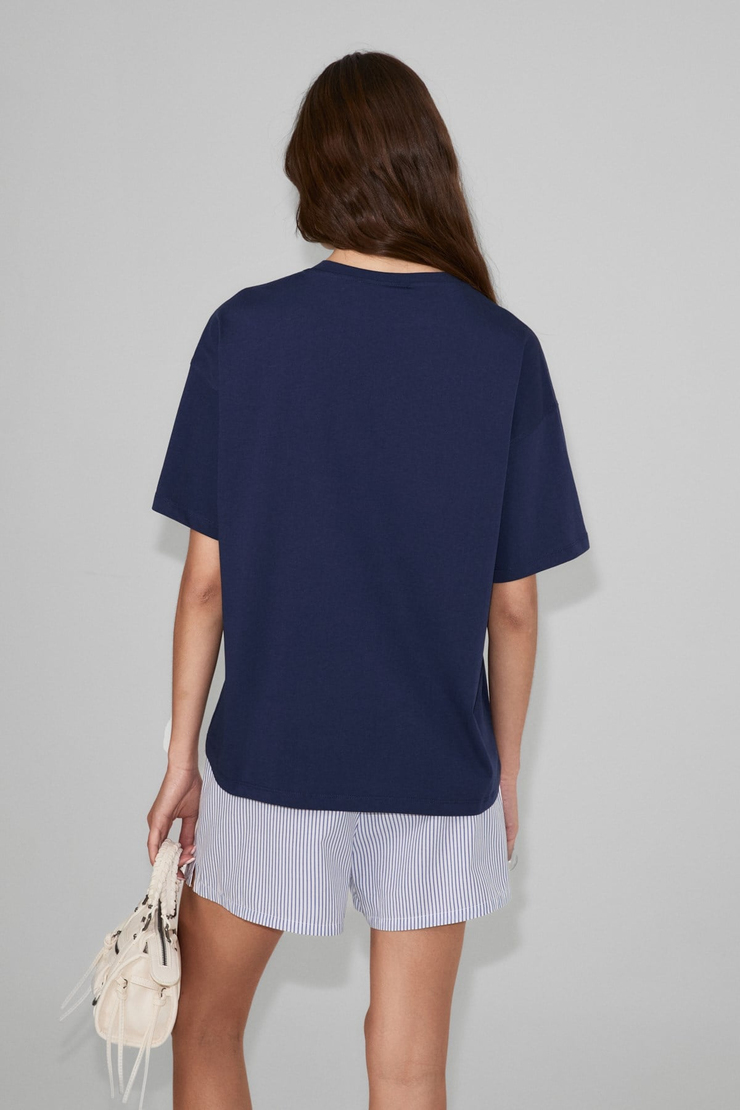 LAGERTHA Kadın %100 organik Pamuklu Kalın Dokulu Oversize Fit Yuvarlak Yakalı Lacivert T-Shirt