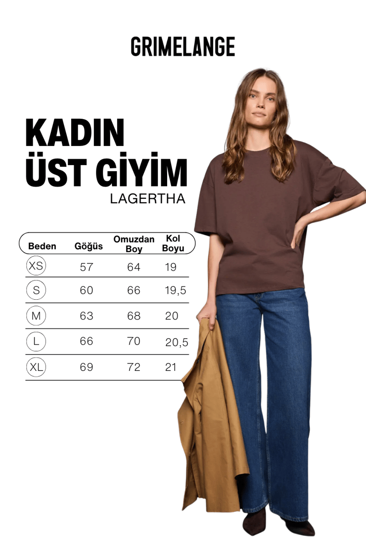 LAGERTHA Kadın %100 organik Pamuklu Kalın Dokulu Oversize Fit Yuvarlak Yakalı Koyu Kahverengi T-Shirt