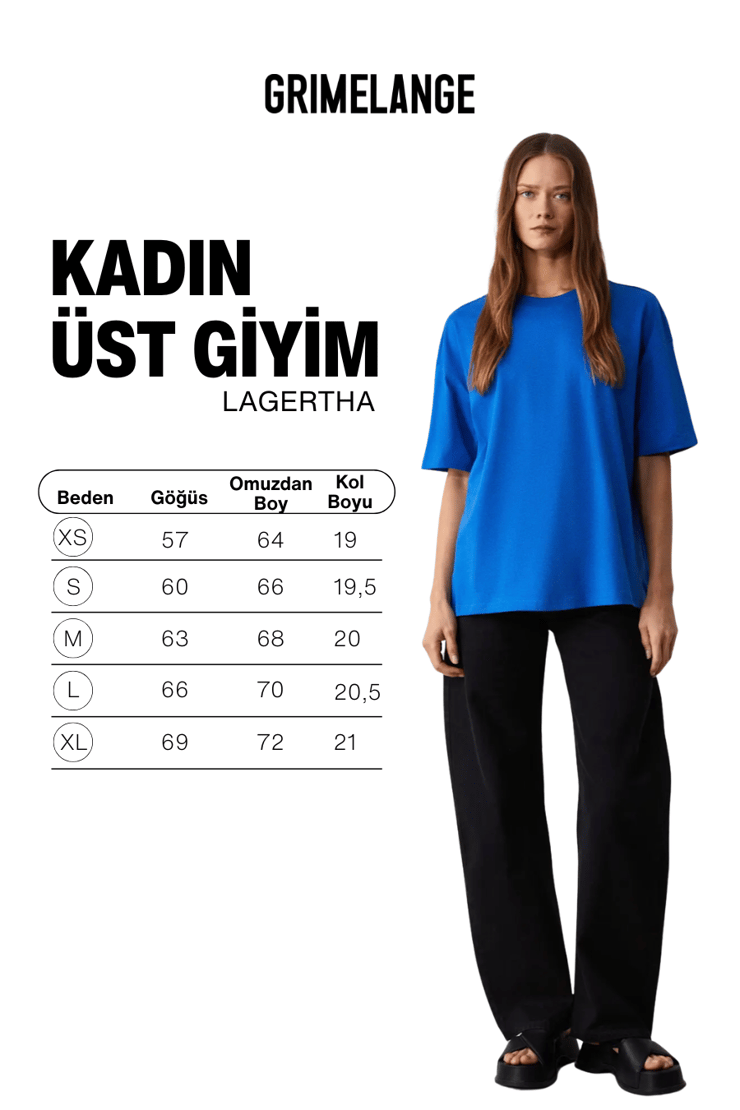 LAGERTHA Kadın %100 organik Pamuklu Kalın Dokulu Oversize Fit Yuvarlak Yakalı Mavi T-Shirt