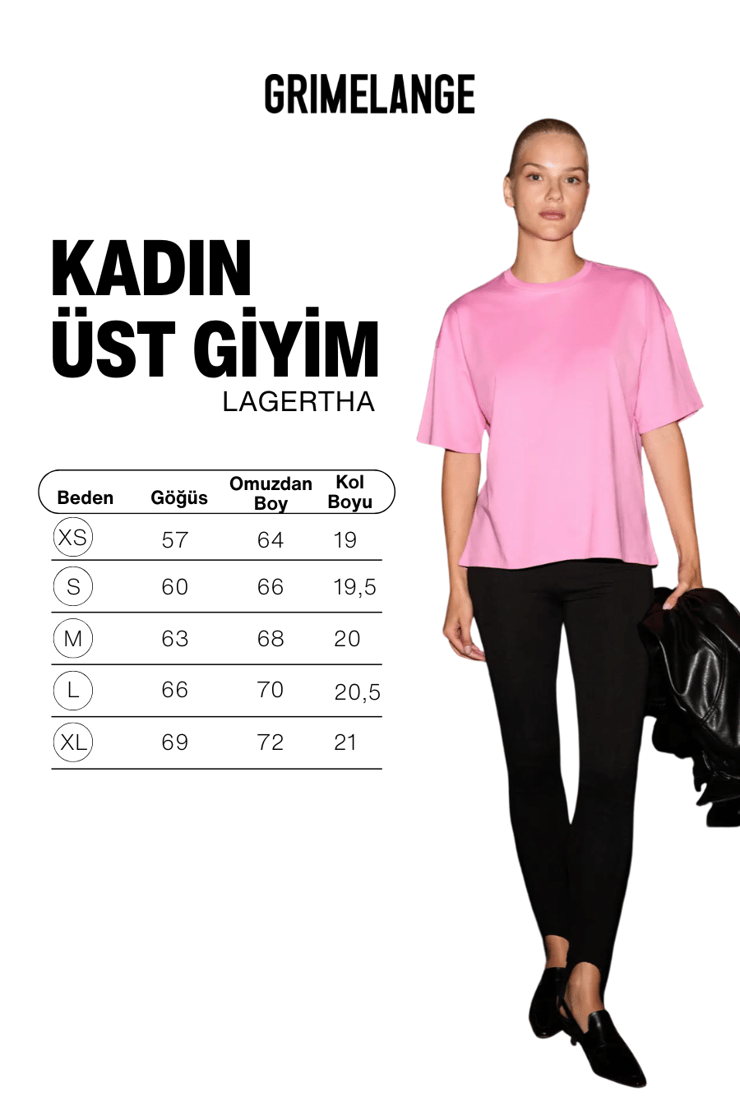 LAGERTHA Kadın %100 organik Pamuklu Kalın Dokulu Oversize Fit Yuvarlak Yakalı Pembe T-Shirt