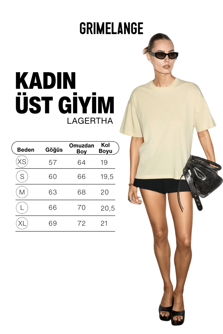 LAGERTHA Kadın %100 organik Pamuklu Kalın Dokulu Oversize Fit Yuvarlak Yakalı Açık Sarı T-Shirt