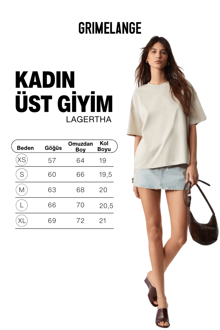 LAGERTHA Kadın %100 organik Pamuklu Kalın Dokulu Oversize Fit Yuvarlak Yakalı Taş Rengi T-Shirt