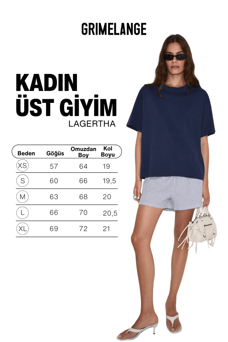 LAGERTHA Kadın %100 organik Pamuklu Kalın Dokulu Oversize Fit Yuvarlak Yakalı Lacivert T-Shirt