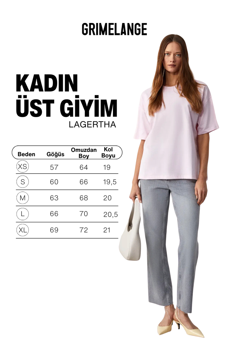 LAGERTHA Kadın %100 organik Pamuklu Kalın Dokulu Oversize Fit Yuvarlak Yakalı Açık Pembe T-Shirt