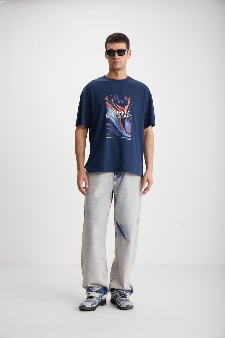 LANDSCAPE  Oversize Lacivert Tekli T-Shirt