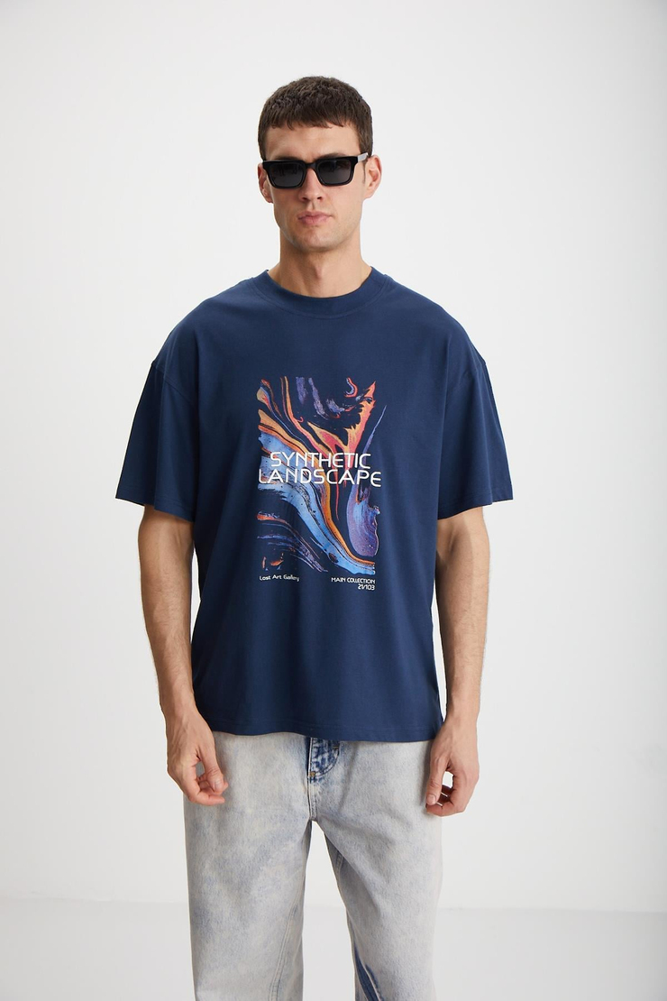 LANDSCAPE  Oversize Lacivert Tekli T-Shirt