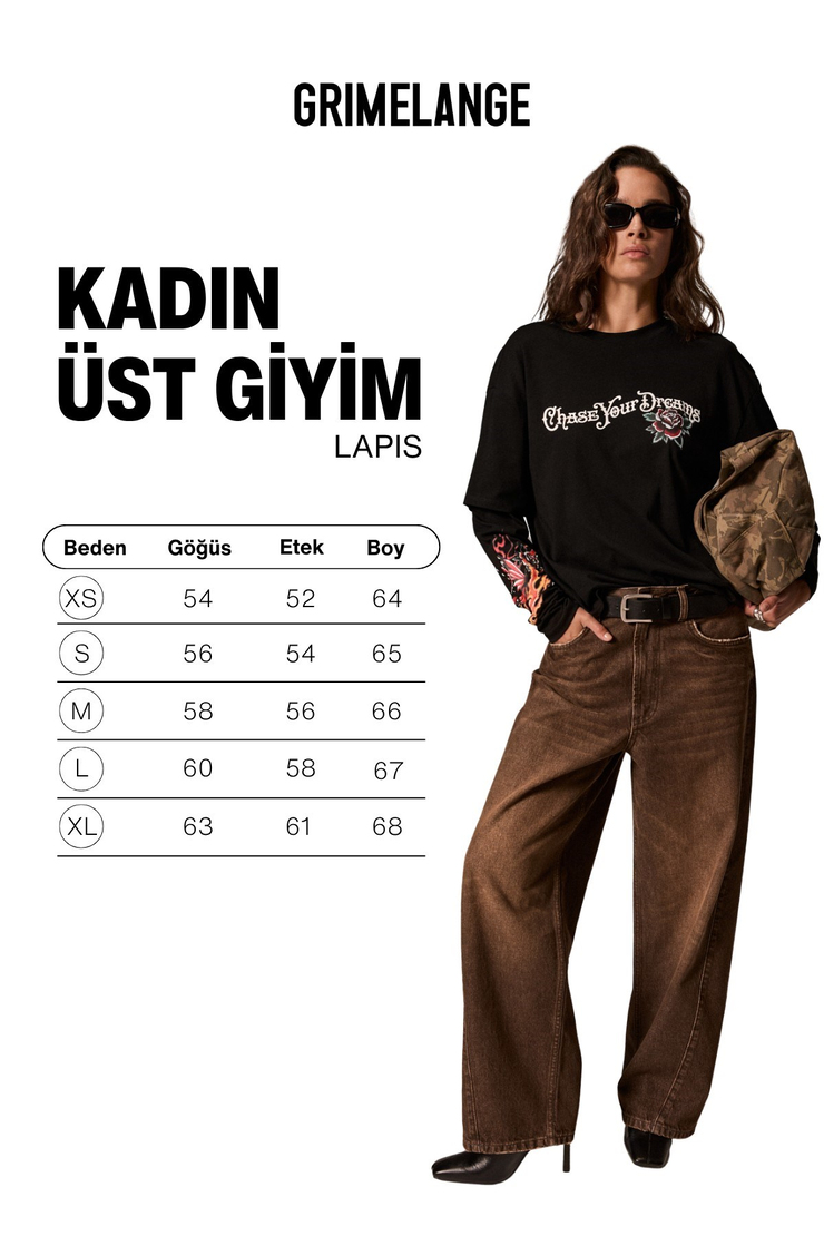 LAPIS Kadın Organik Pamuklu Uzun Kollu Baskılı Siyah T-Shirt