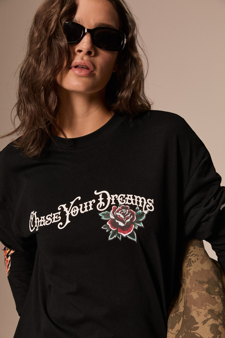 LAPIS Kadın Organik Pamuklu Uzun Kollu Baskılı Siyah T-Shirt