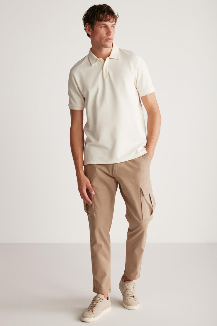 LAPORTE Erkek Dokulu Kumaşlı Slim Fit Ekru Polo Yaka T-shirt