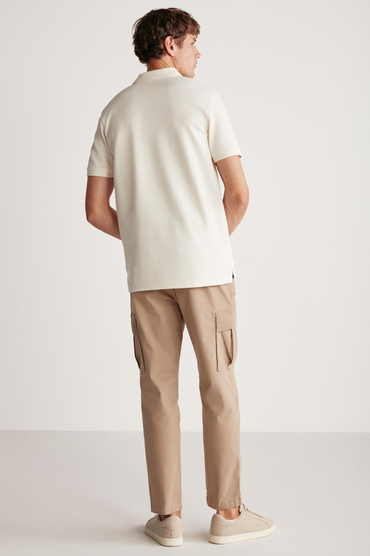 LAPORTE Erkek Dokulu Kumaşlı Slim Fit Ekru Polo Yaka T-shirt