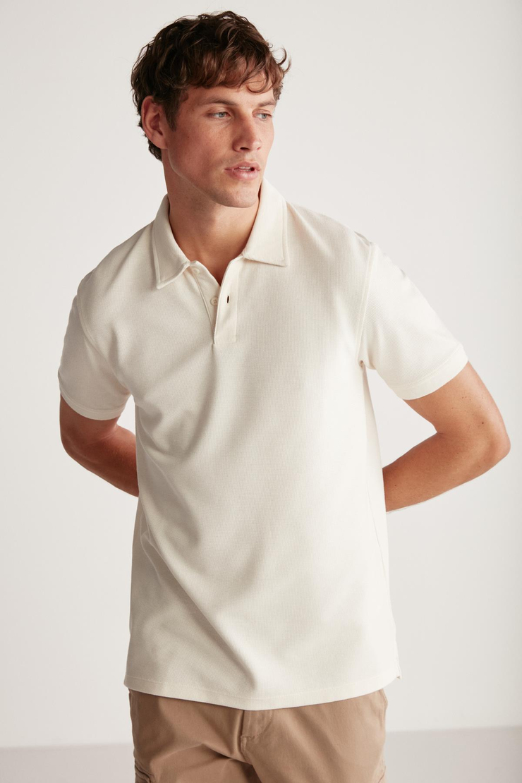 LAPORTE Erkek Dokulu Kumaşlı Slim Fit Ekru Polo Yaka T-shirt