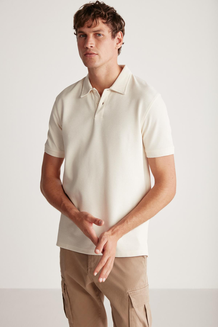 LAPORTE Erkek Dokulu Kumaşlı Slim Fit Ekru Polo Yaka T-shirt