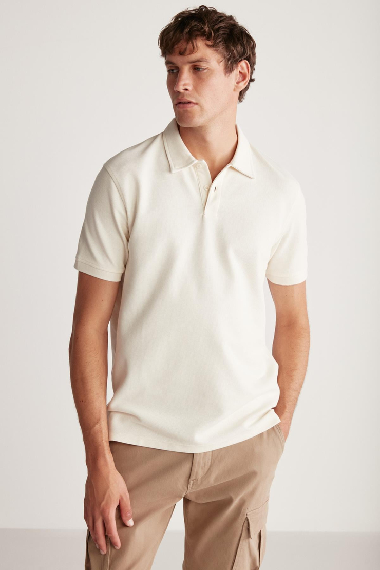 LAPORTE Erkek Dokulu Kumaşlı Slim Fit Ekru Polo Yaka T-shirt