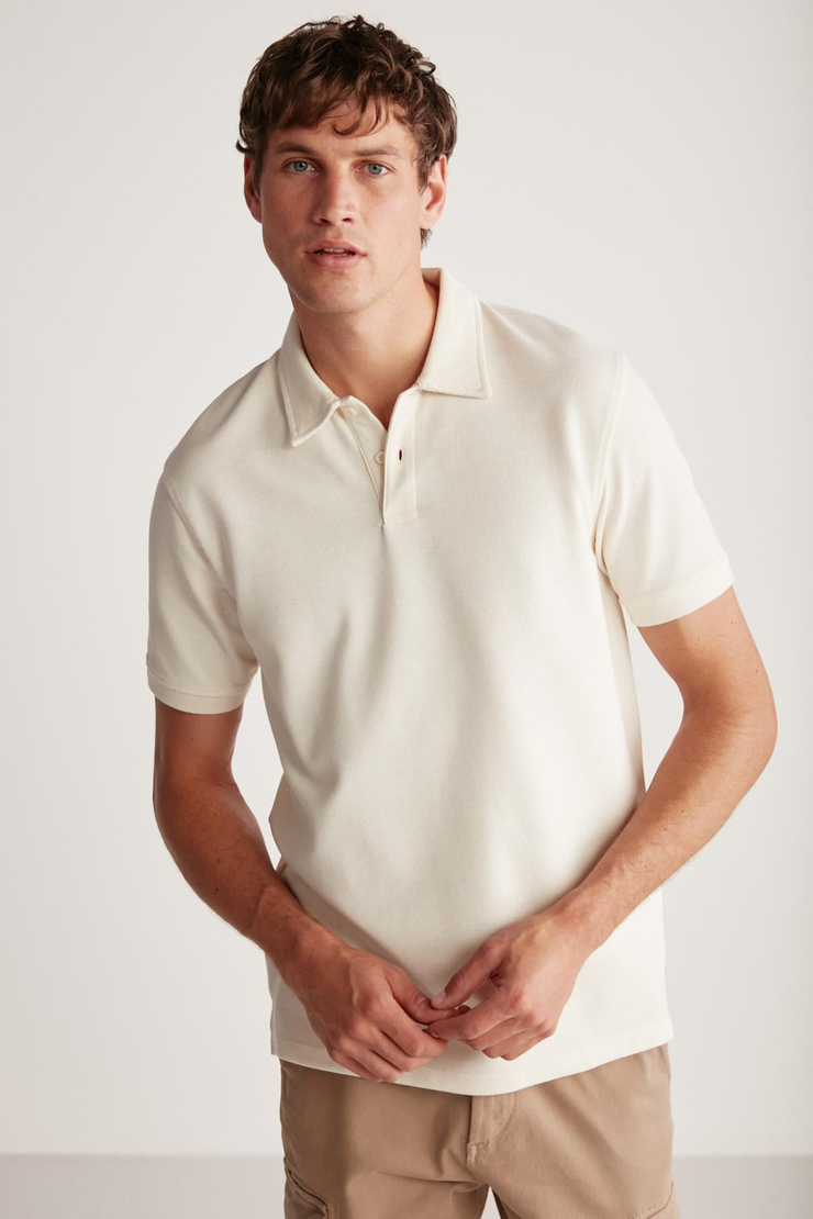 LAPORTE Erkek Dokulu Kumaşlı Slim Fit Ekru Polo Yaka T-shirt