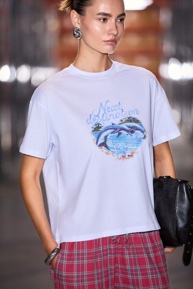 LARANA Kadın Yumuşak Kumaşlı %100 Organik Pamuklu Yuvarlak Yakalı Baskı Detaylı Beyaz T-Shirt