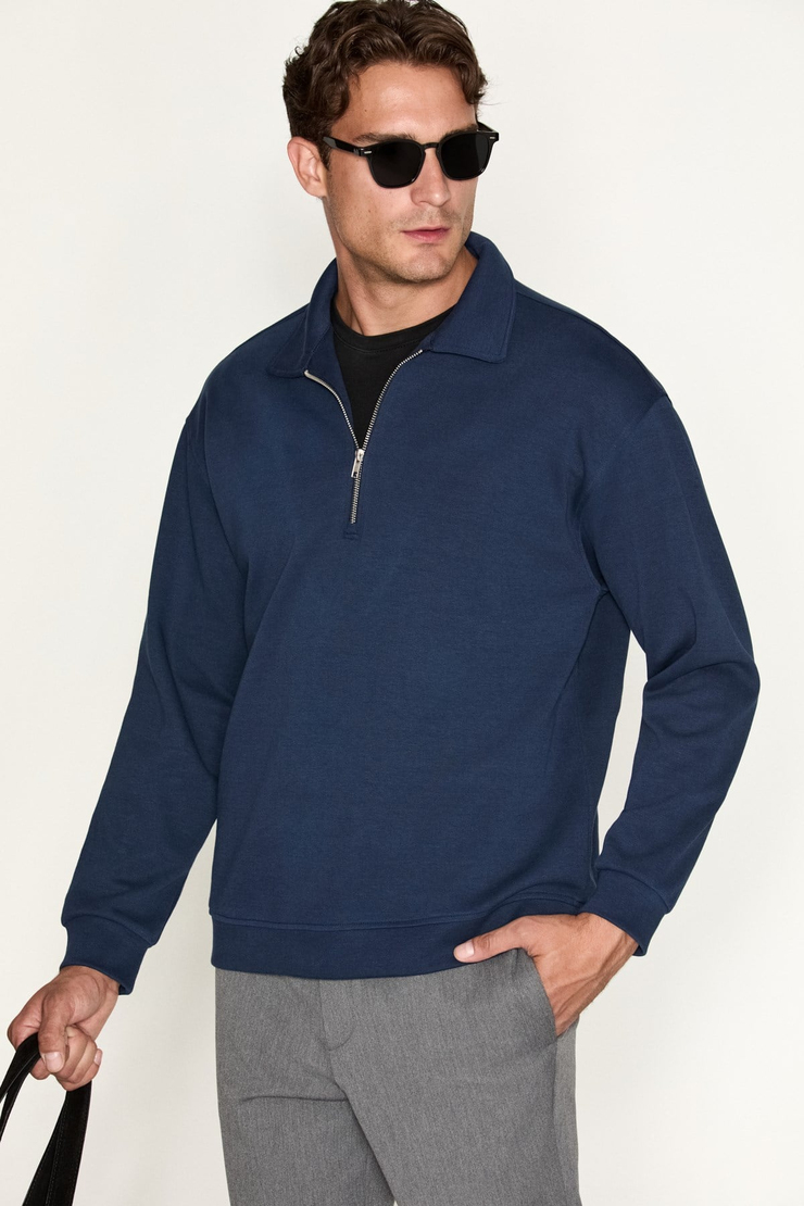 LAURENT Erkek Yarım Fermuarlı Lacivert Sweatshirt