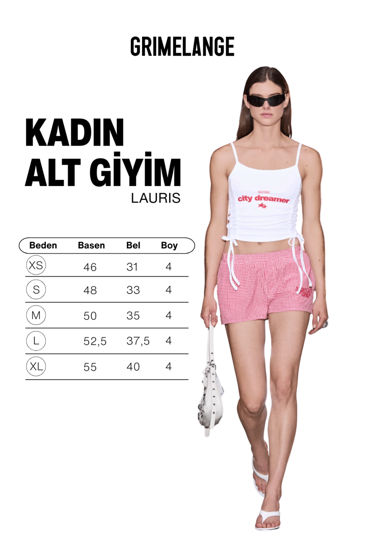 LAURIS %100 Organik Pamuklu Yüksek Bel Kırmızı Pötikare Desenli Nakış Detaylı Kadın Kırmızı - Beyaz Şort