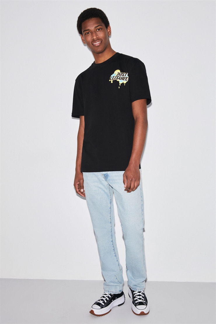 LEISURE Erkek Siyah Baskılı Yuvarlak Yaka Regular Fit T-Shirt