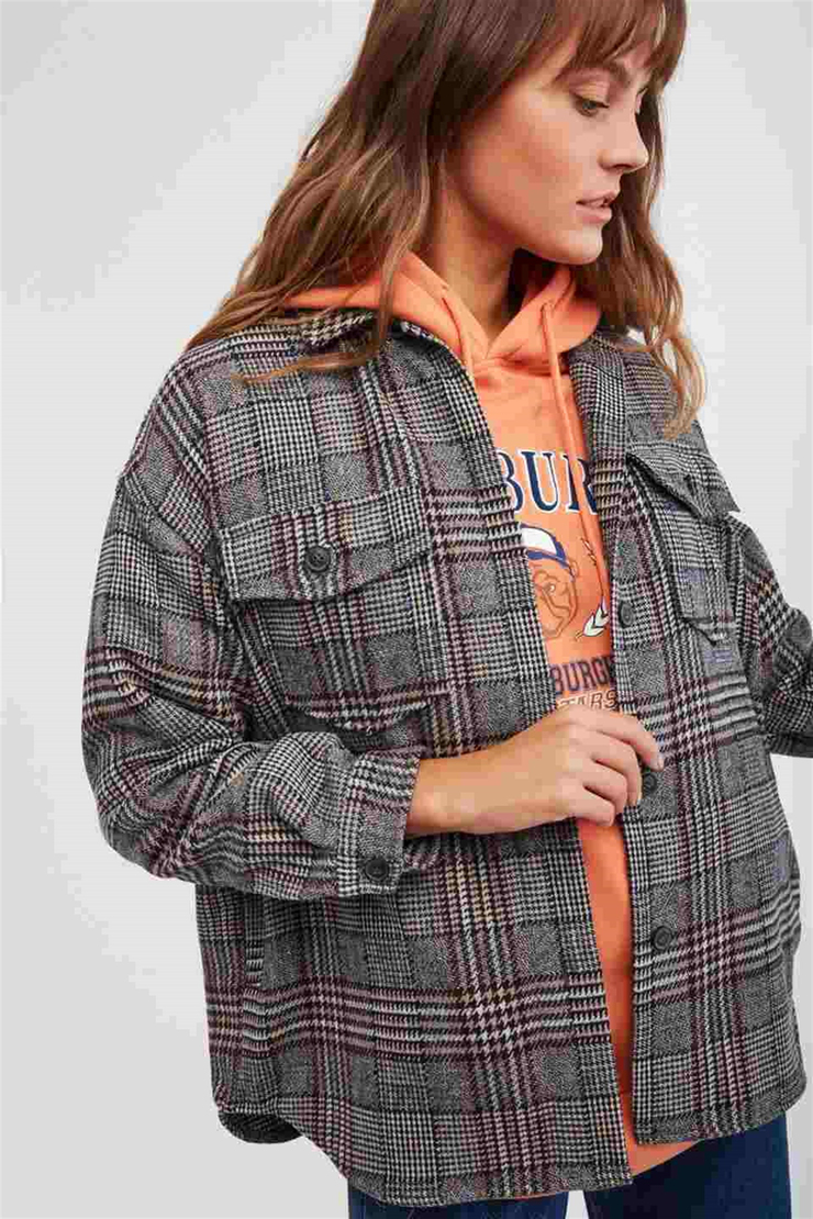 LENA Kadın Kahverengi Desenli Gömlek Yaka Comfort Fit Gömlek