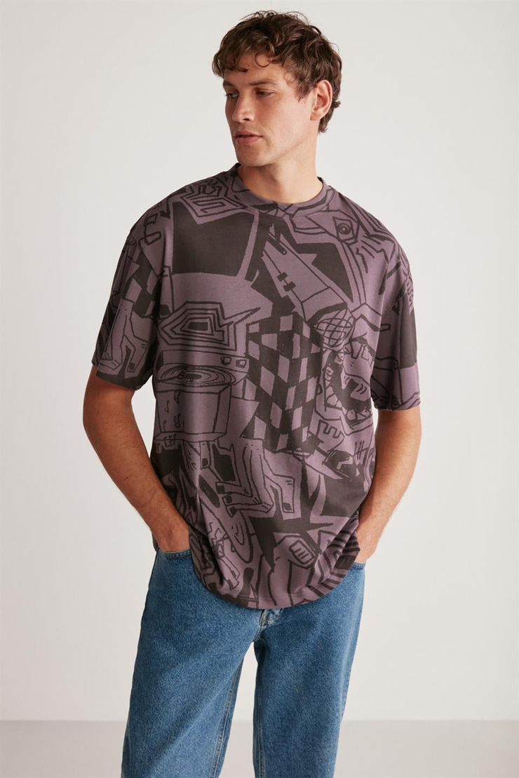 LENARD Örme Oversize Mor Tekli T-Shirt