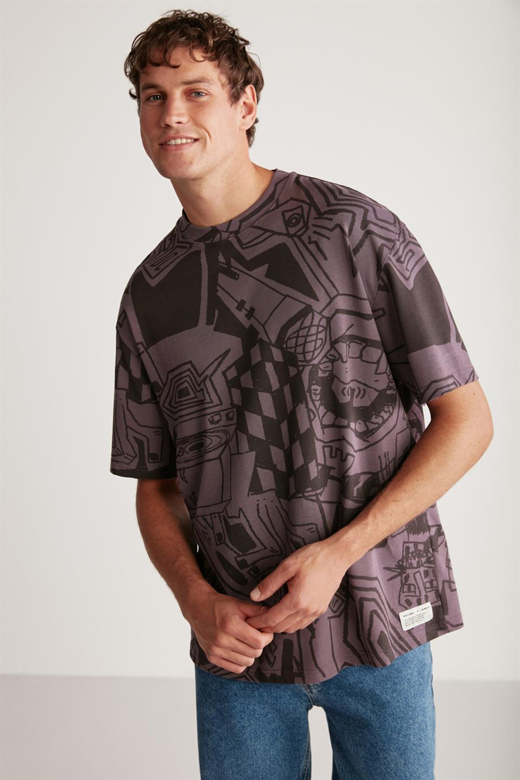 LENARD Örme Oversize Mor Tekli T-Shirt