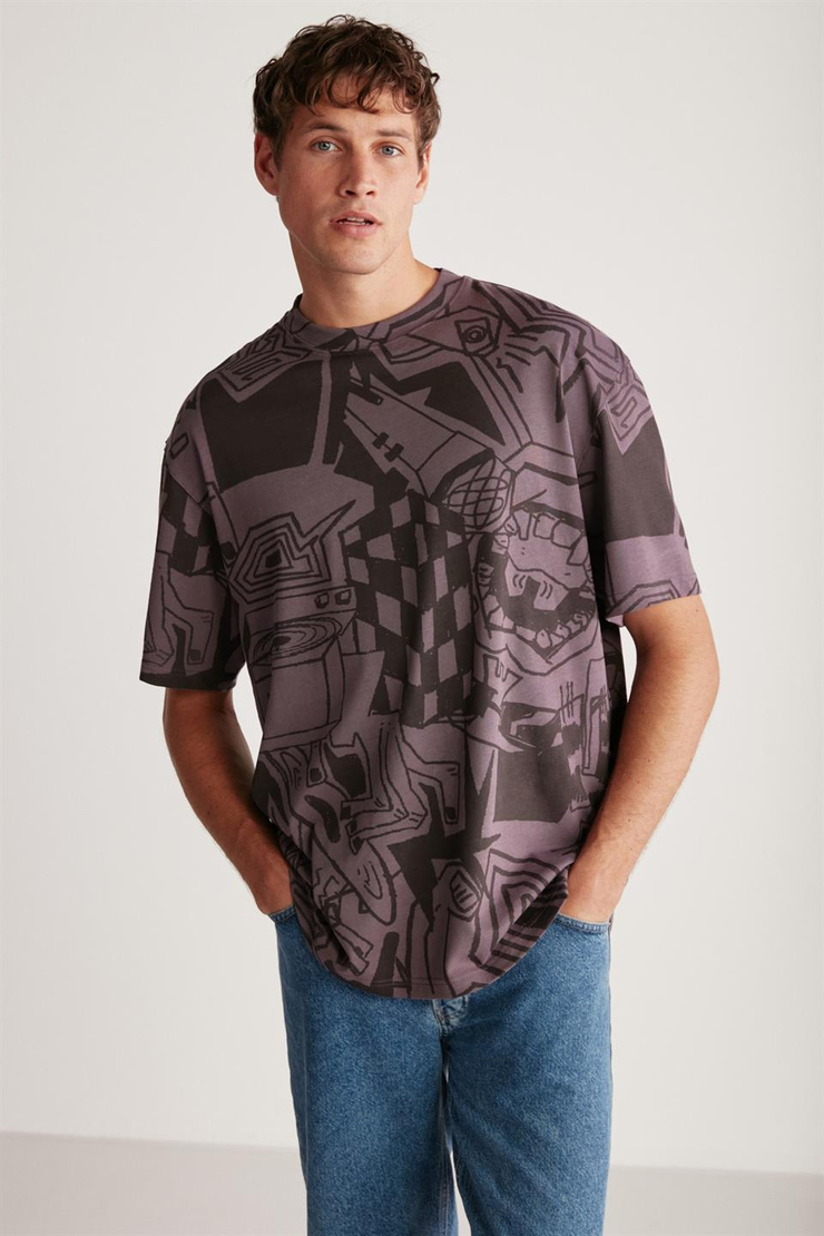 LENARD Örme Oversize Mor Tekli T-Shirt