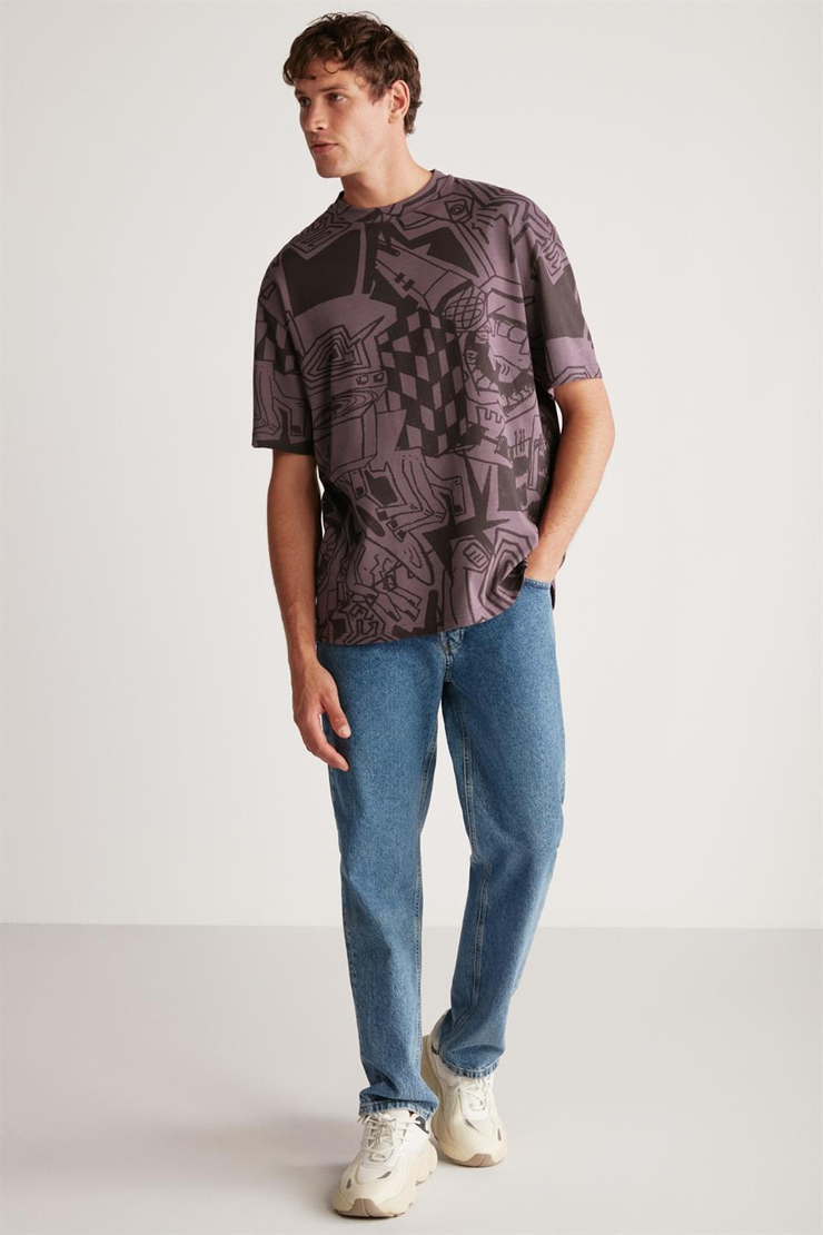 LENARD Örme Oversize Mor Tekli T-Shirt