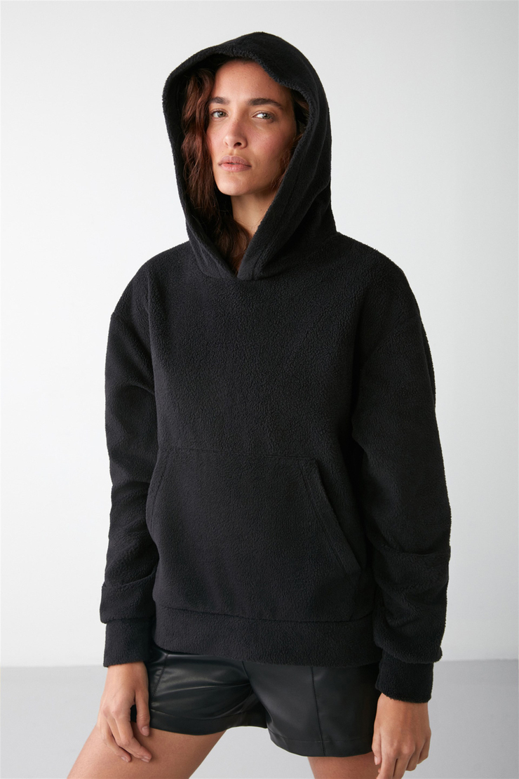 LENORA Dokuma Oversize Siyah Tekli Sweatshirt