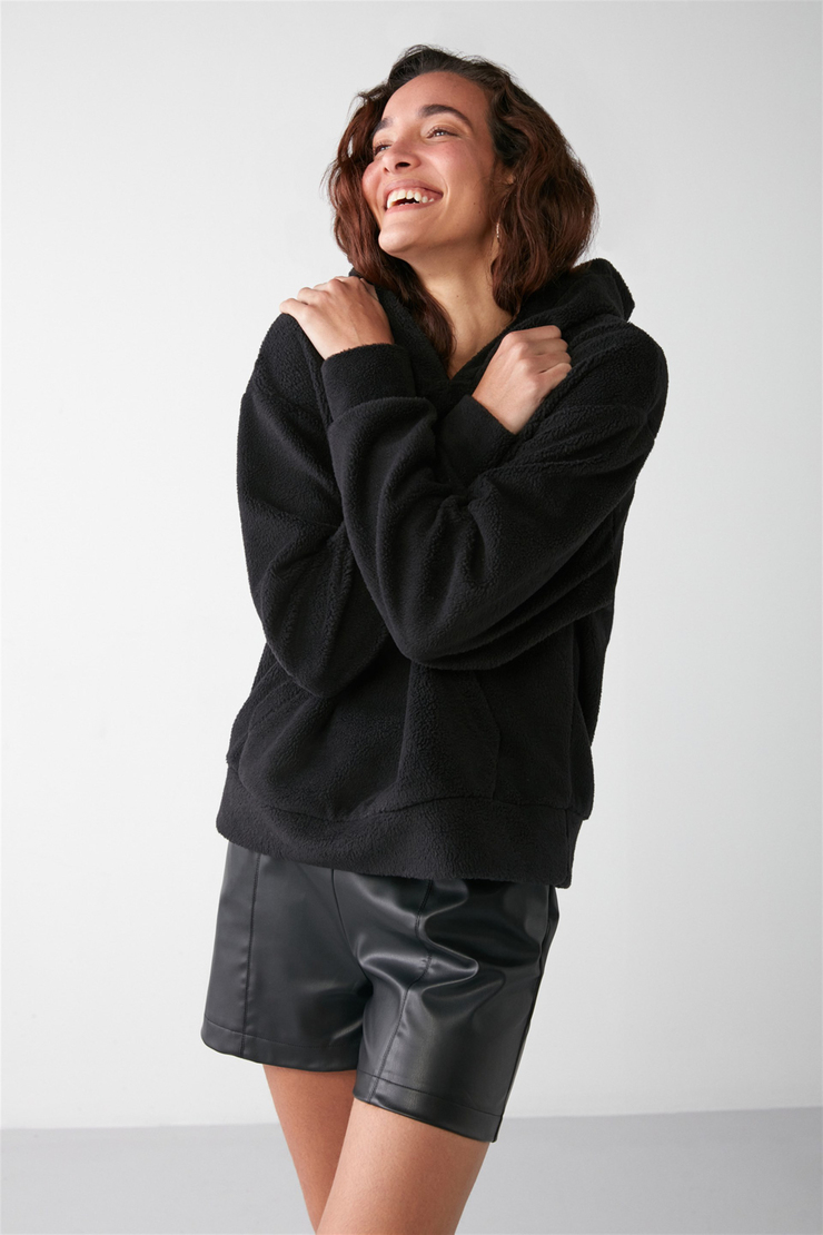 LENORA Dokuma Oversize Siyah Tekli Sweatshirt