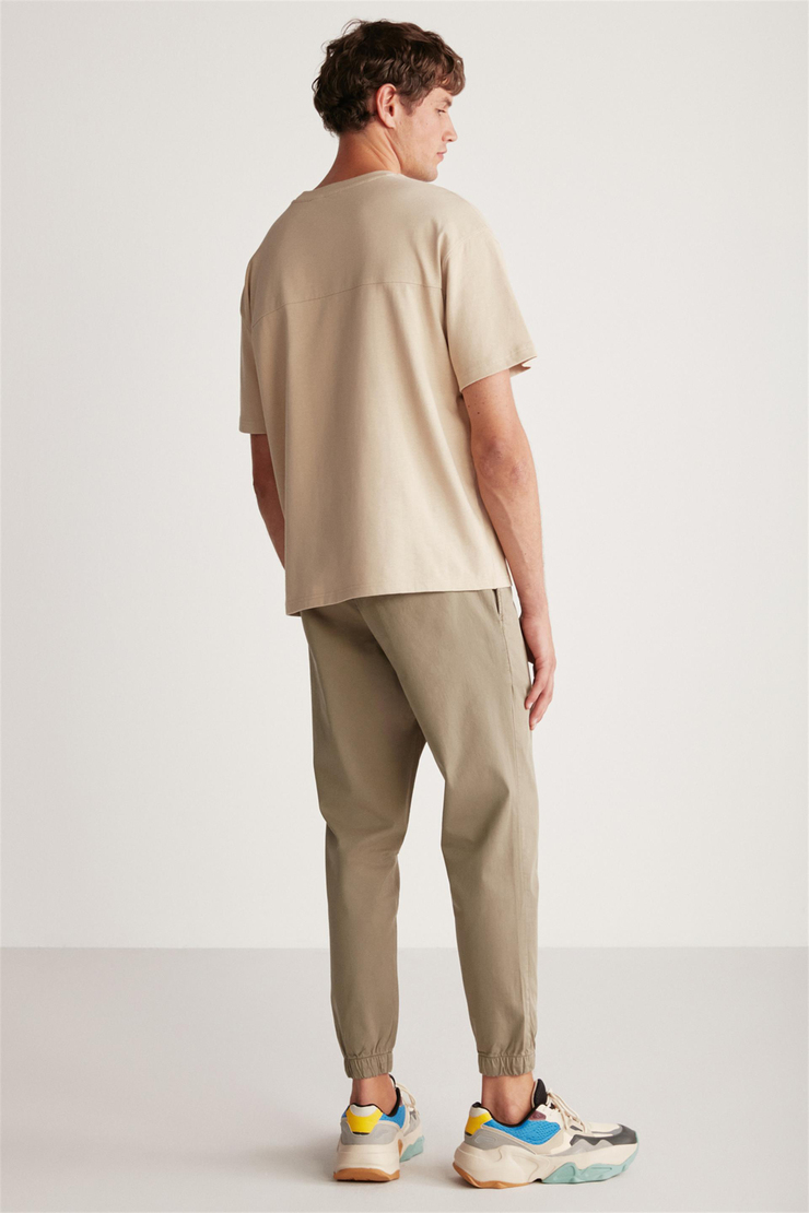 LEO Örme Oversize Bej Tekli T-Shirt