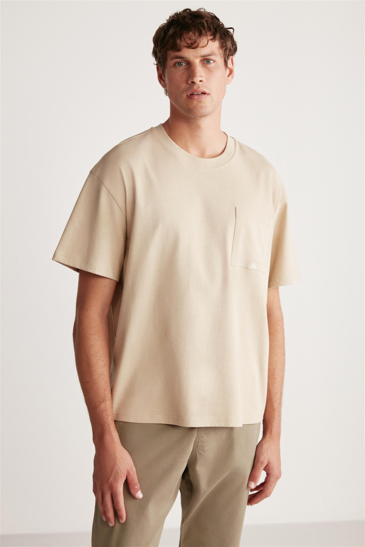 LEO Örme Oversize Bej Tekli T-Shirt