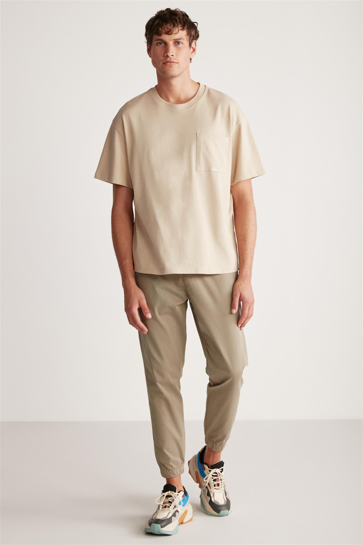 LEO Örme Oversize Bej Tekli T-Shirt