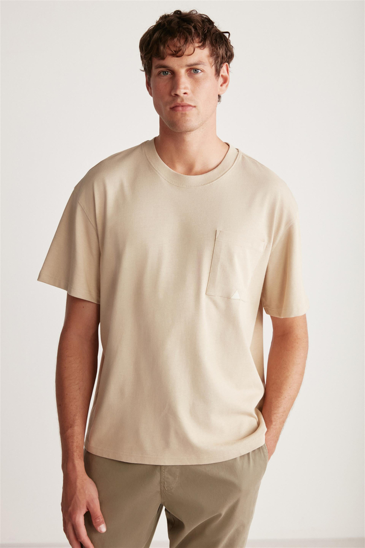 LEO Örme Oversize Bej Tekli T-Shirt