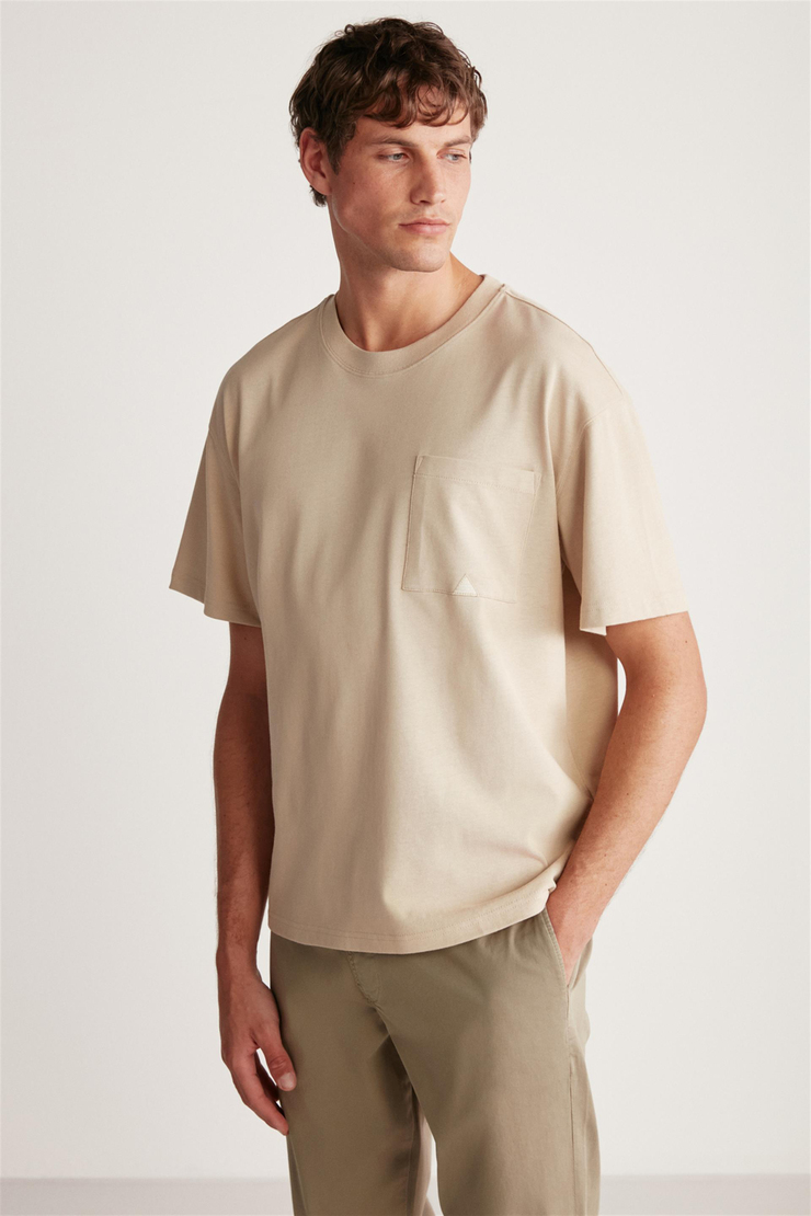LEO Örme Oversize Bej Tekli T-Shirt