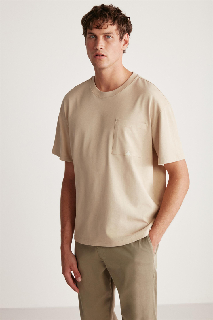 LEO Örme Oversize Bej Tekli T-Shirt