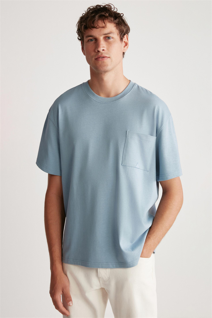 LEO Örme Oversize Mavi Tekli T-Shirt