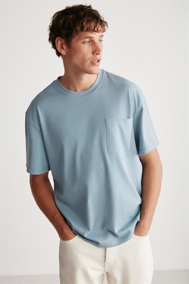 LEO Örme Oversize Mavi Tekli T-Shirt