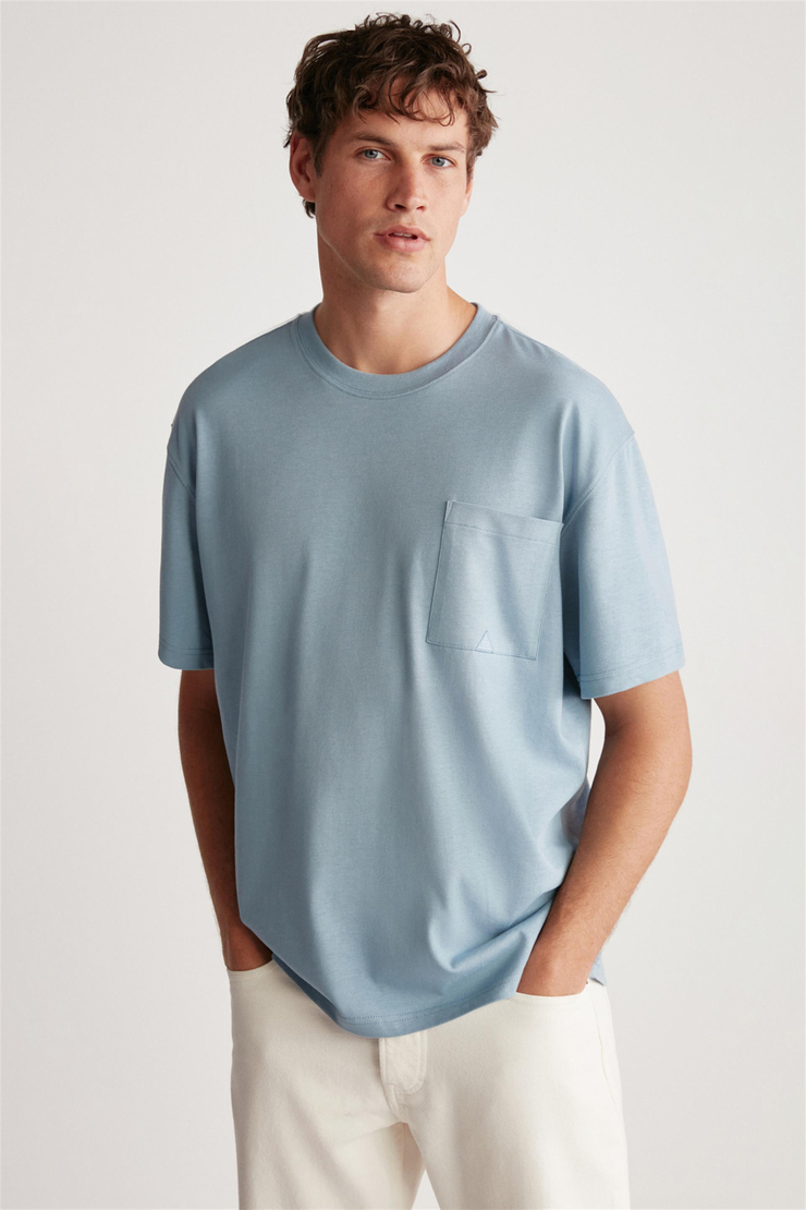 LEO Örme Oversize Mavi Tekli T-Shirt