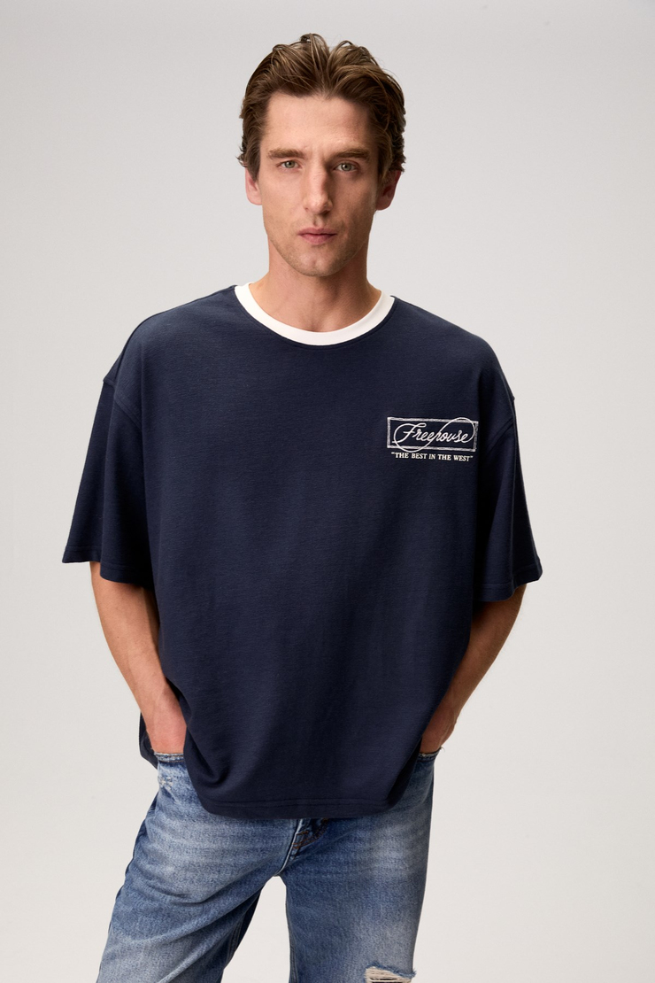 LEONTE Erkek Kontrast Yakalı Lacivert T-Shirt
