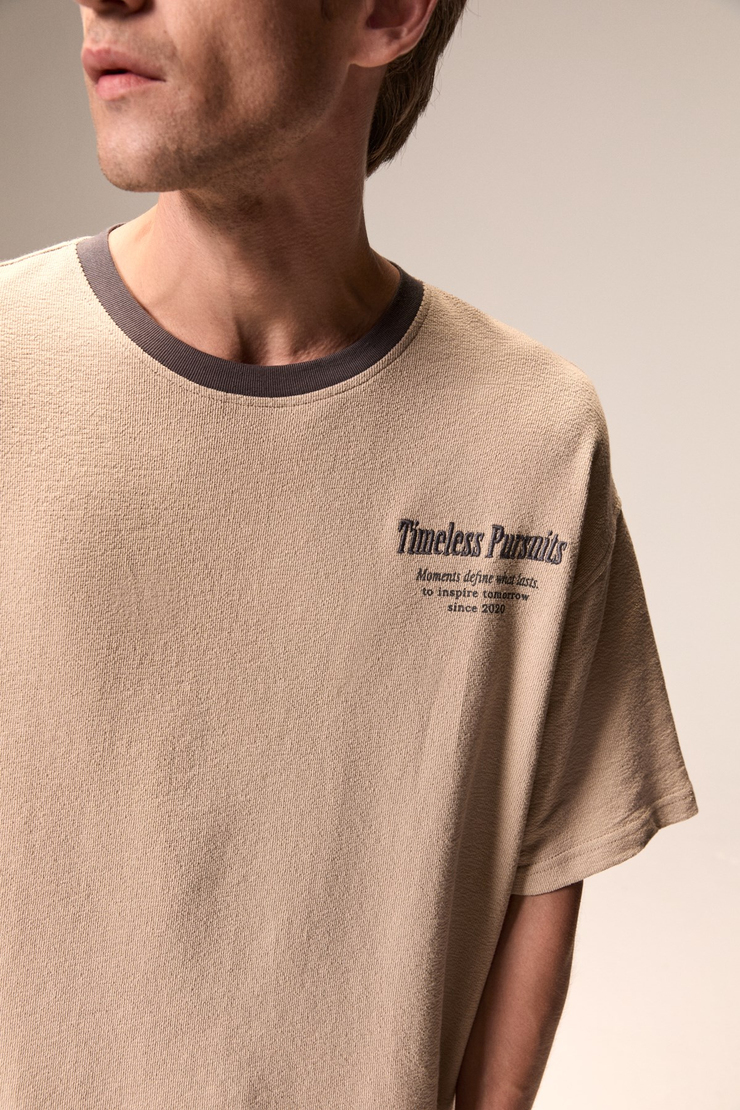 LEONTE Erkek Kontrast Yakalı Vizon - Bej T-Shirt