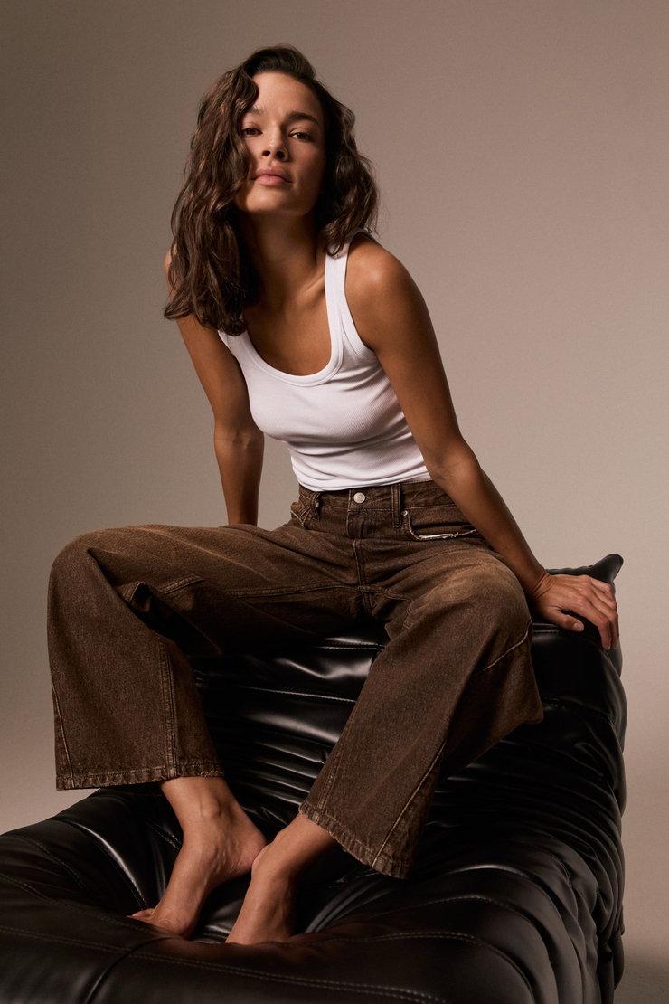 LEXY Kadın Standart Bel Baggy Balon Jean Kahverengi Pantolon