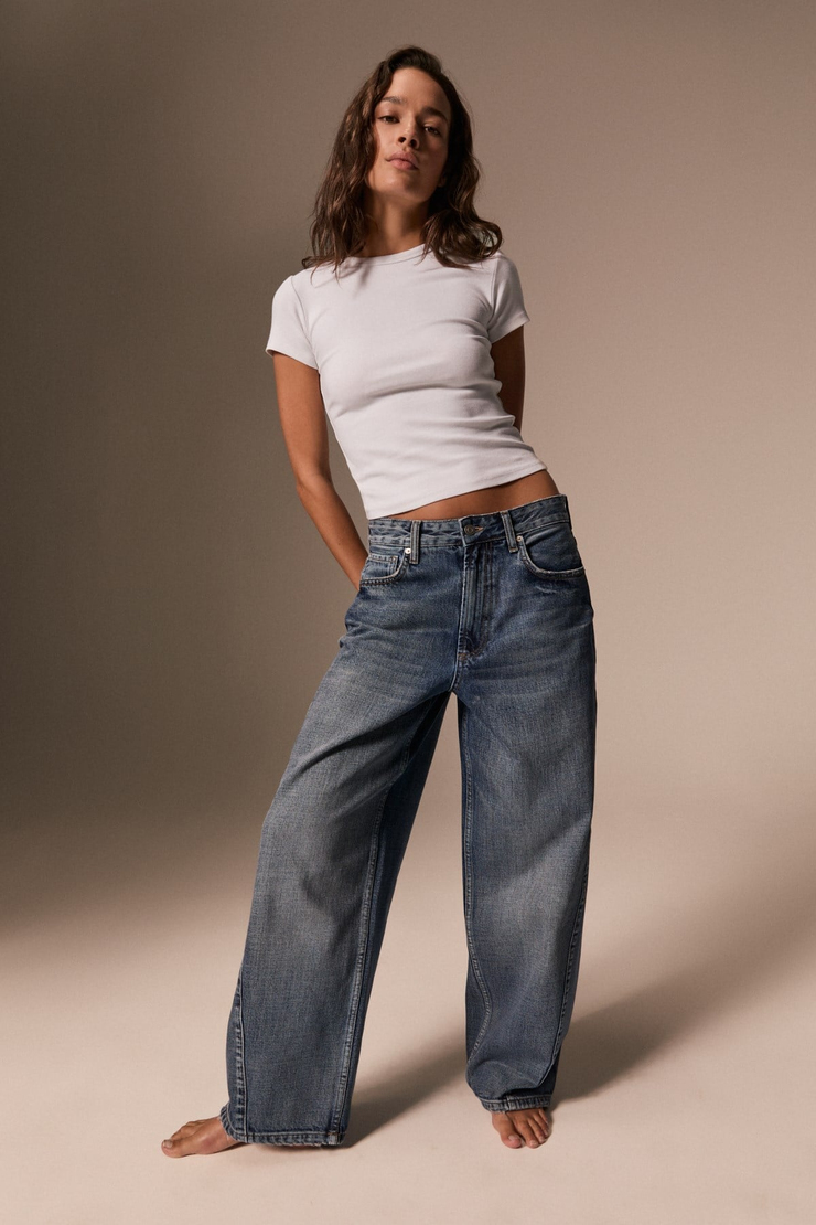 LEXY Kadın Standart Bel Baggy Balon Jean Mavi Tint Pantolon